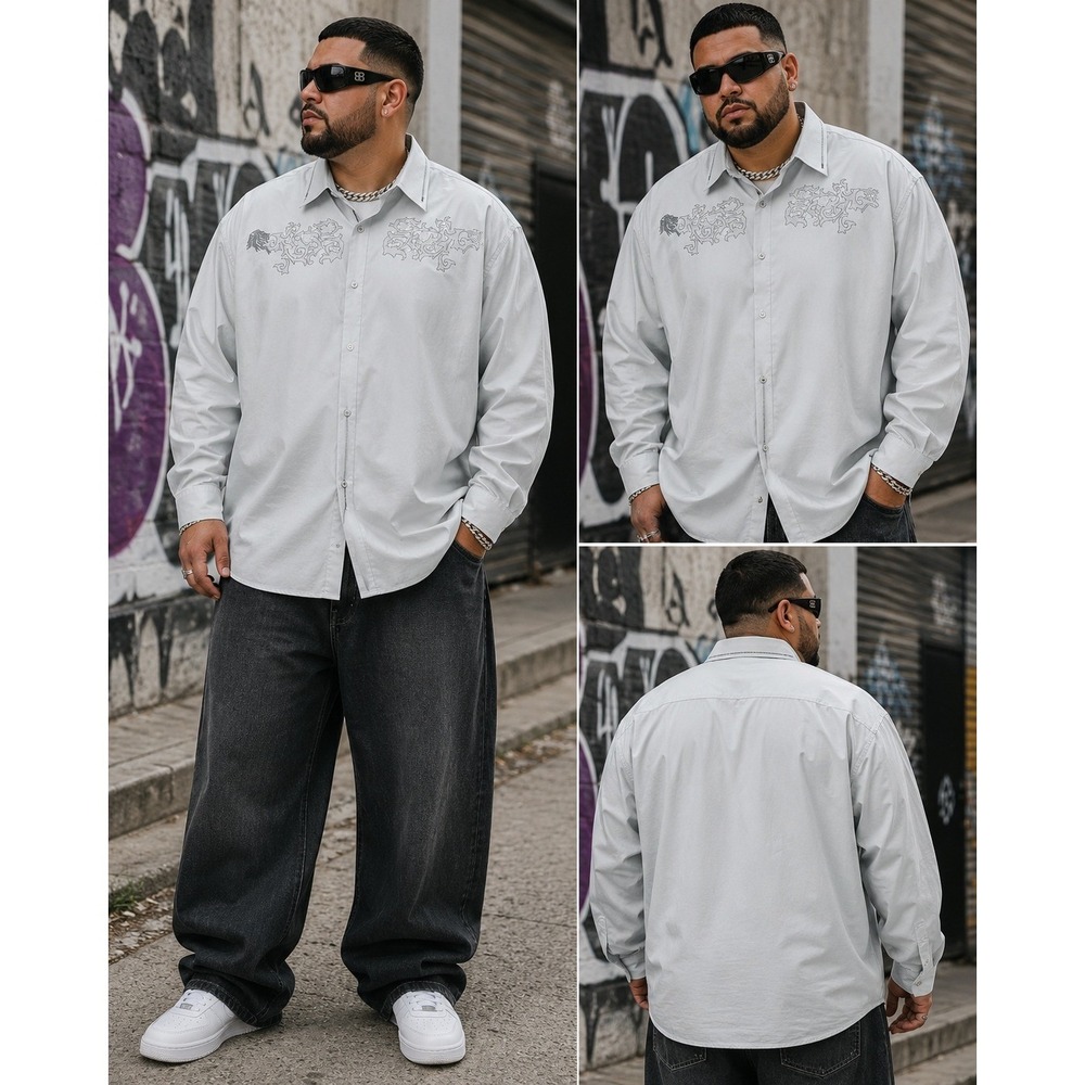 Mens Y2K Streetwear Button Down Shirt Gray Embroidered Royalty Eddie‎ Domani